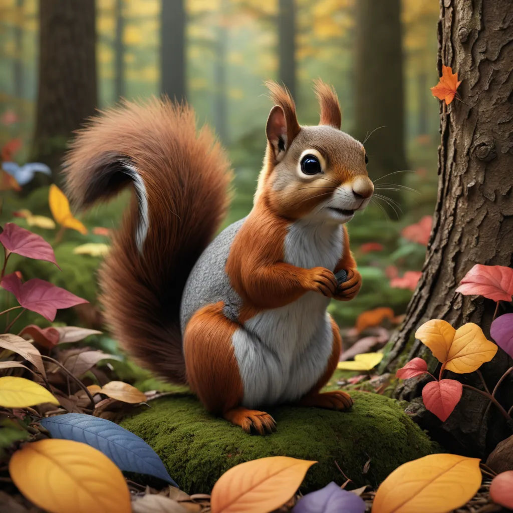 a squirrel is sitting on a mossy surface in the woods with leaves around it and a tree in the background, photorealism, a 3D render, Chris LaBrooy, behance hd