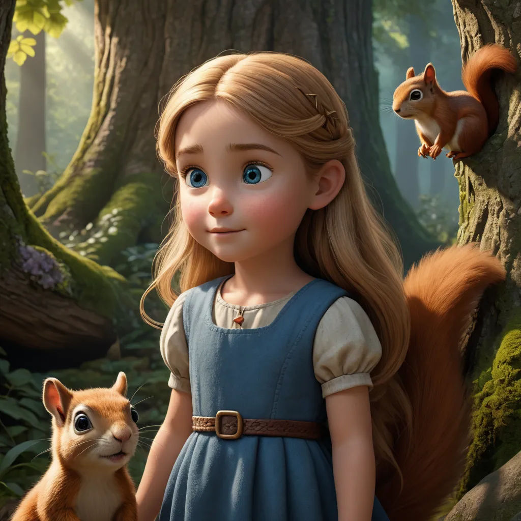 a girl in a blue dress standing next to a squirrel in a forest with trees and grass and a squirrel on the ground, sots art, a character portrait, Evaline Ness, promotional image