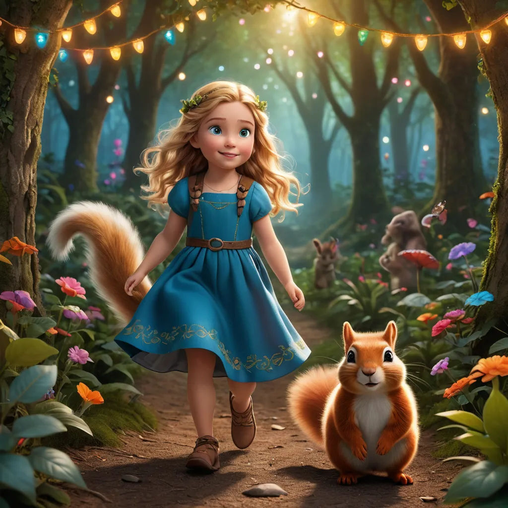 a girl in a blue dress is walking through a forest with a squirrel and a squirrelling in front of her, furry art, a storybook illustration, Arthur Hughes, promotional image