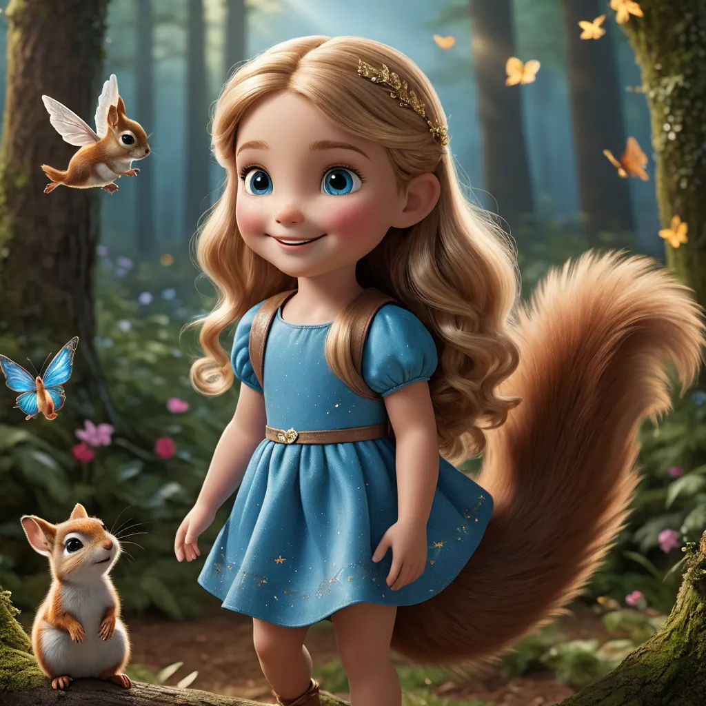 a girl in a blue dress standing next to a squirrel in a forest with butterflies and butterflies flying around, furry art, a character portrait, Evaline Ness, promotional image