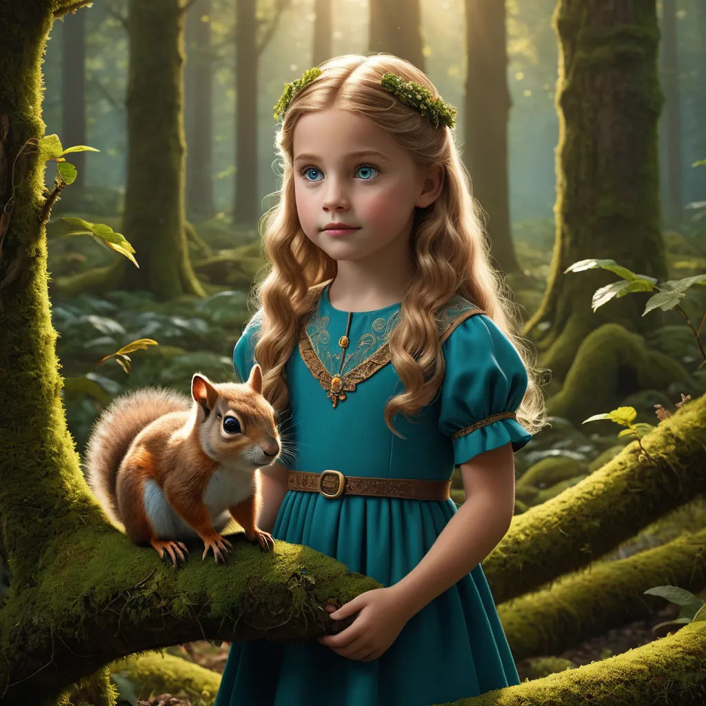 a little girl in a blue dress holding a squirrel in a forest with mossy trees and sunlight shining through the trees, visual art, a storybook illustration, Elinor Proby Adams, promotional image