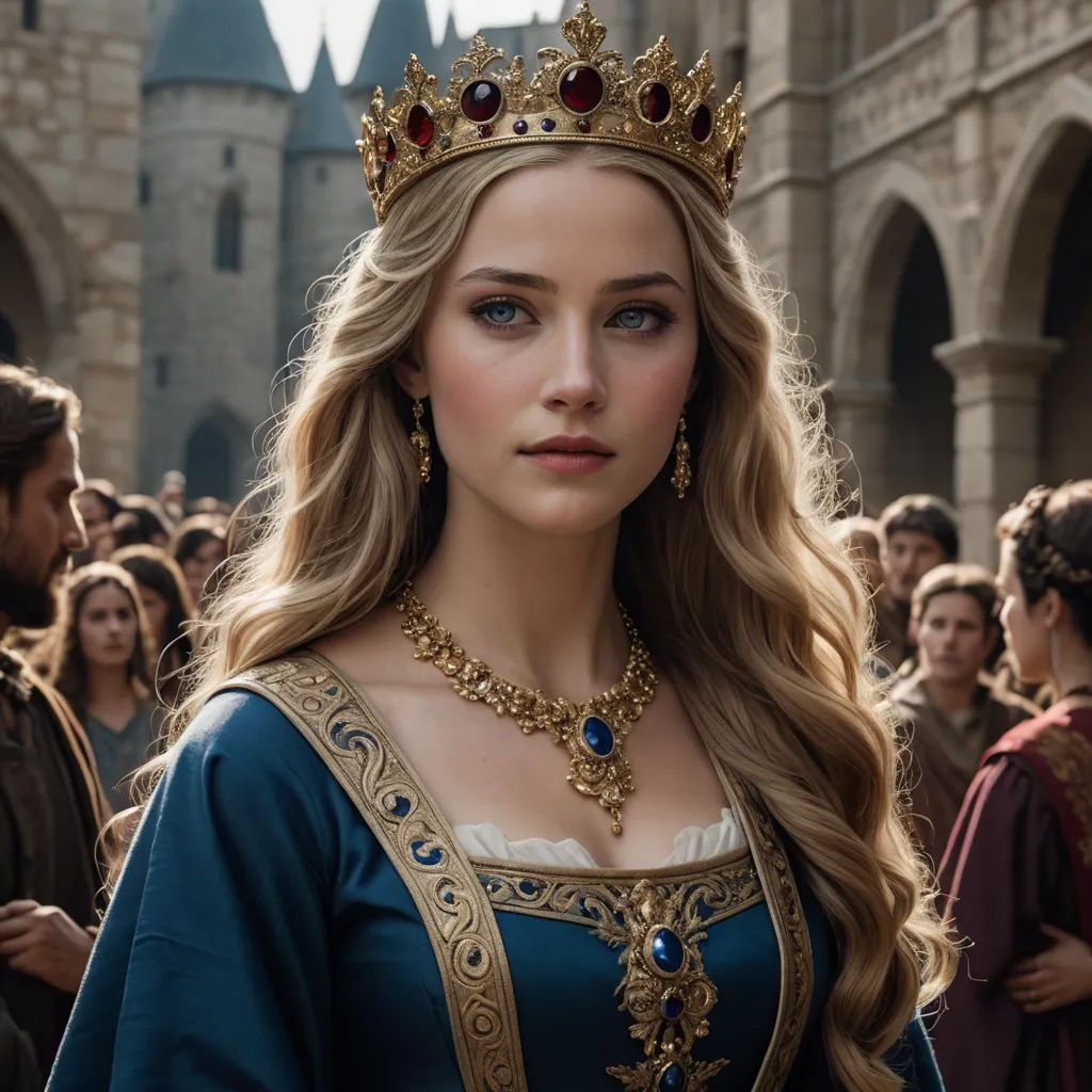 a woman in a blue dress with a crown on her head and people in the background looking at her, renaissance, a character portrait, Anna Maria Barbara Abesch, promotional image