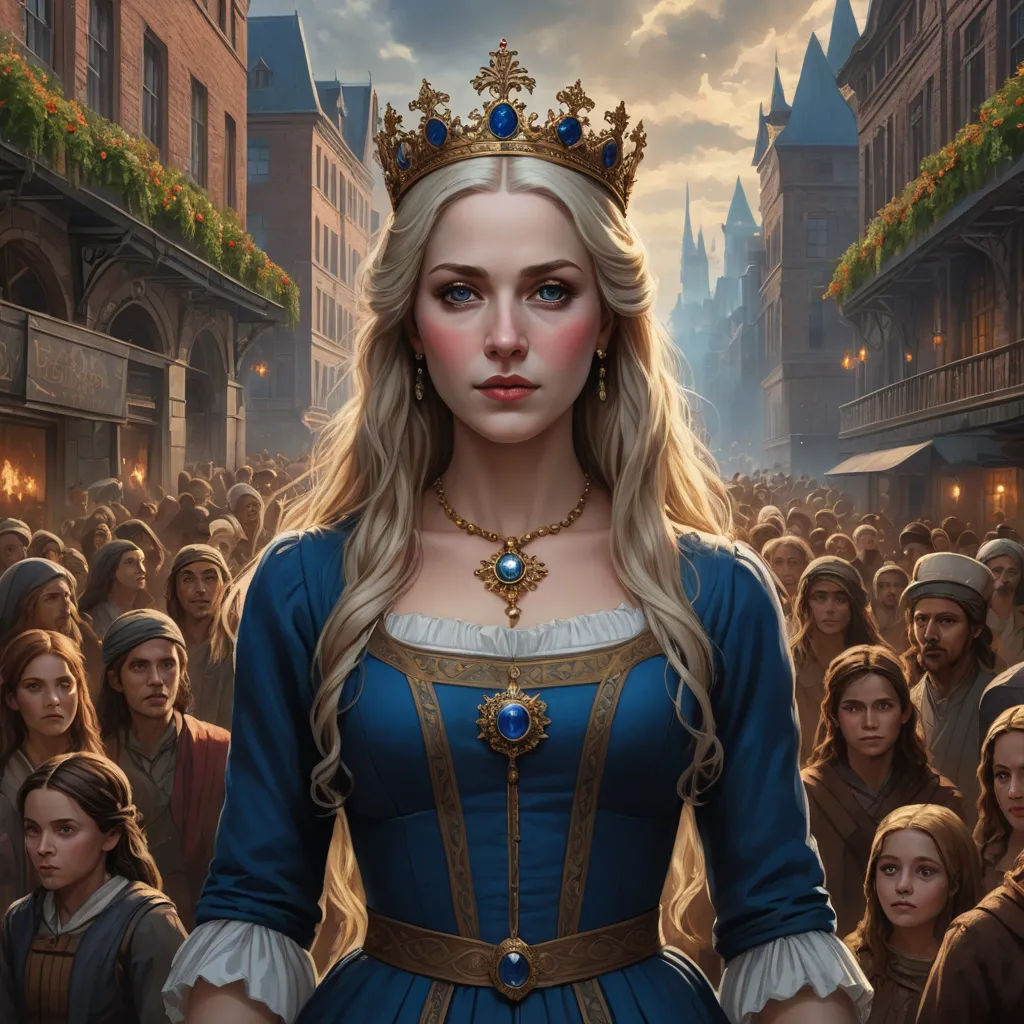 a woman in a blue dress standing in front of a crowd of people in a city with a crown on her head, fantasy art, a detailed painting, Charlie Bowater, trending on artstation hq