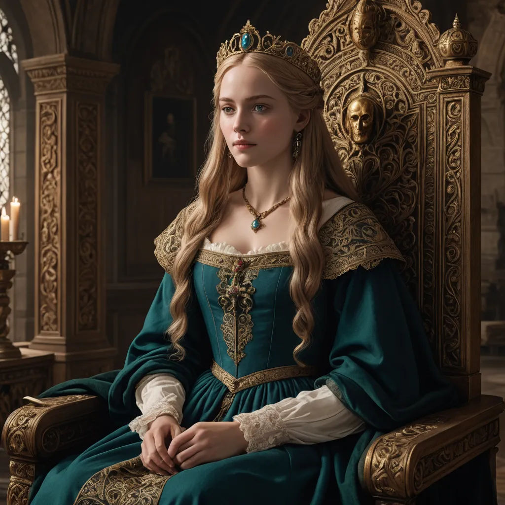 a woman in a green dress sitting on a golden throne with a candle in the background and a candle lit room behind her, pre-raphaelitism, a character portrait, Anna Maria Barbara Abesch, promotional image