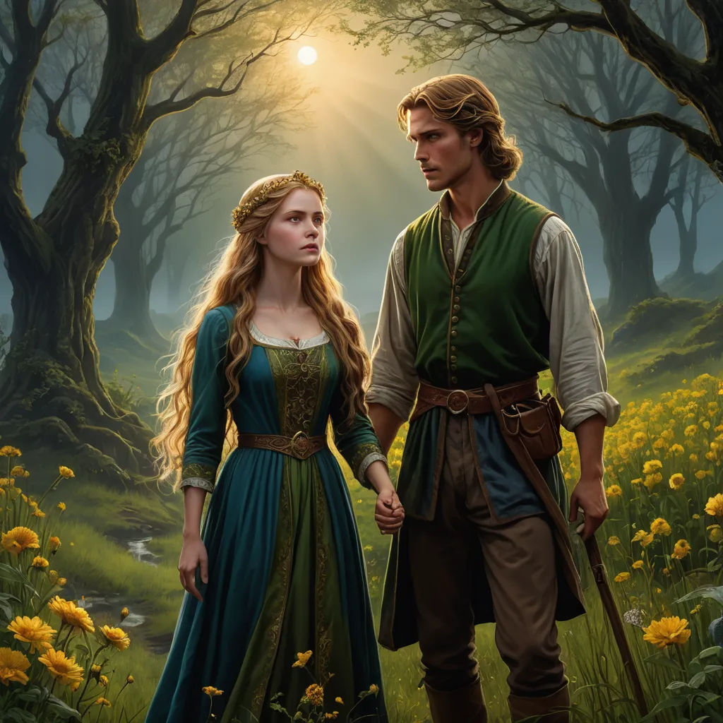 a man and a woman standing in a forest holding hands and looking at each other with a sun shining through the trees, fantasy art, a storybook illustration, Brothers Hildebrandt, official art