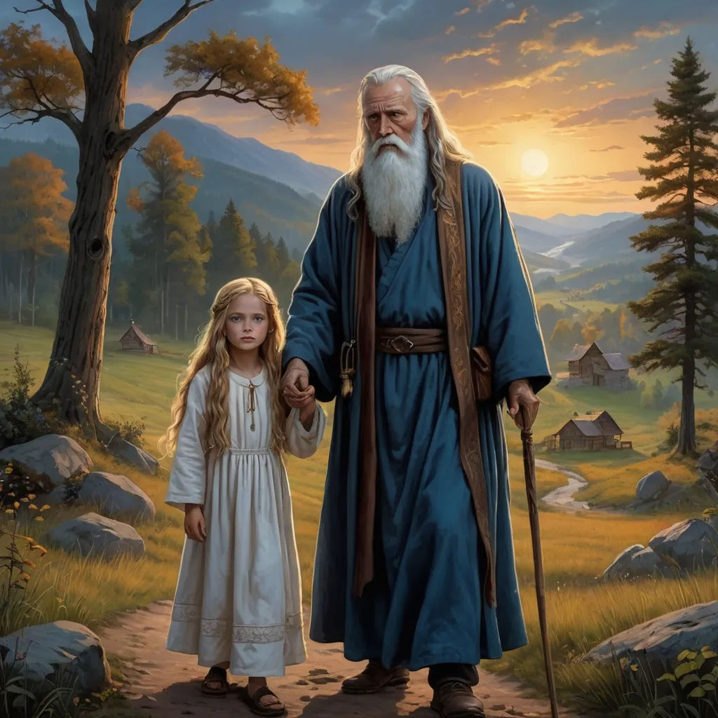 a painting of a man and a little girl walking in a forest with a sunset behind them and a man with a long white beard and beard, fantasy art, a storybook illustration, Brothers Hildebrandt, professional digital painting