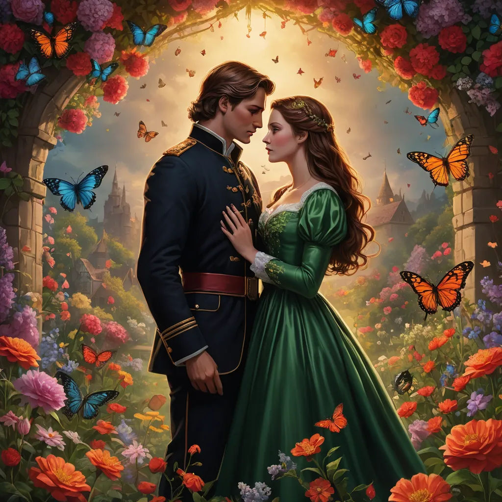 a painting of a man and a woman in a green dress standing in a garden with flowers and butterflies, magical realism, a storybook illustration, Anne Stokes, kinkade