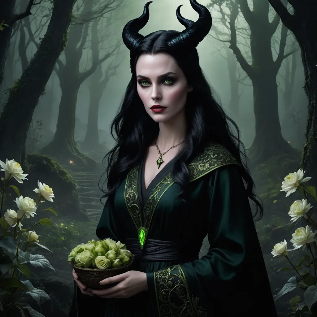 a woman in a green dress holding a bowl of flowers in a forest with white flowers and trees in the background, gothic art, a character portrait, Anne Stokes, dark fantasy art