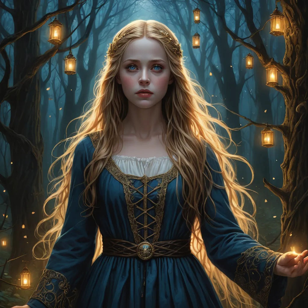 a painting of a girl in a blue dress in a forest with lanterns in the background and a lantern light in the air, fantasy art, a detailed painting, Donato Giancola, highly detailed digital painting