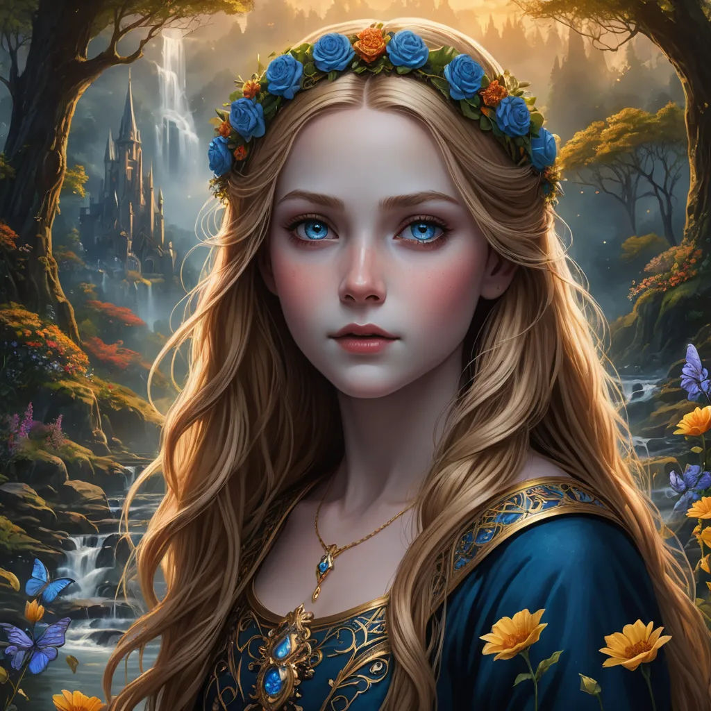 a painting of a woman with long blonde hair and blue eyes wearing a blue dress and a flower crown, fantasy art, a detailed painting, Charlie Bowater, highly detailed digital painting