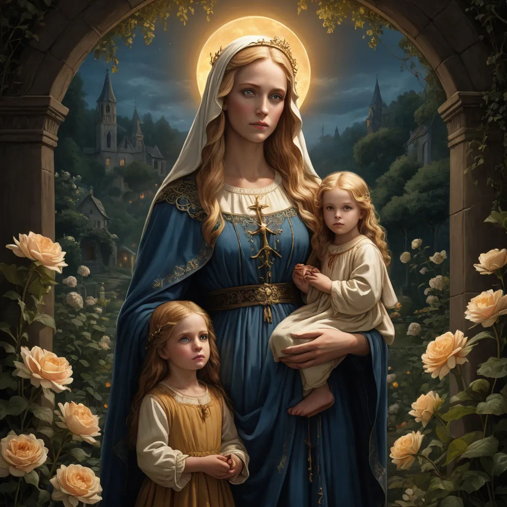 a painting of a woman holding a child in her arms and a child in her lap, in front of a garden with roses, gothic art, a detailed painting, Donato Giancola, medieval