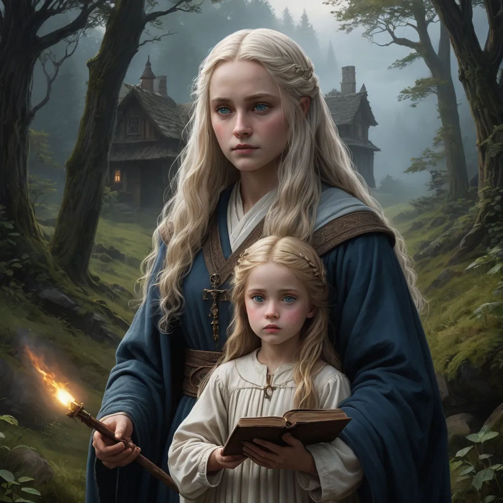 a painting of a woman holding a child in a forest with a house in the background and a fire coming out of her hand, fantasy art, a detailed painting, Donato Giancola, trending on artstation hq