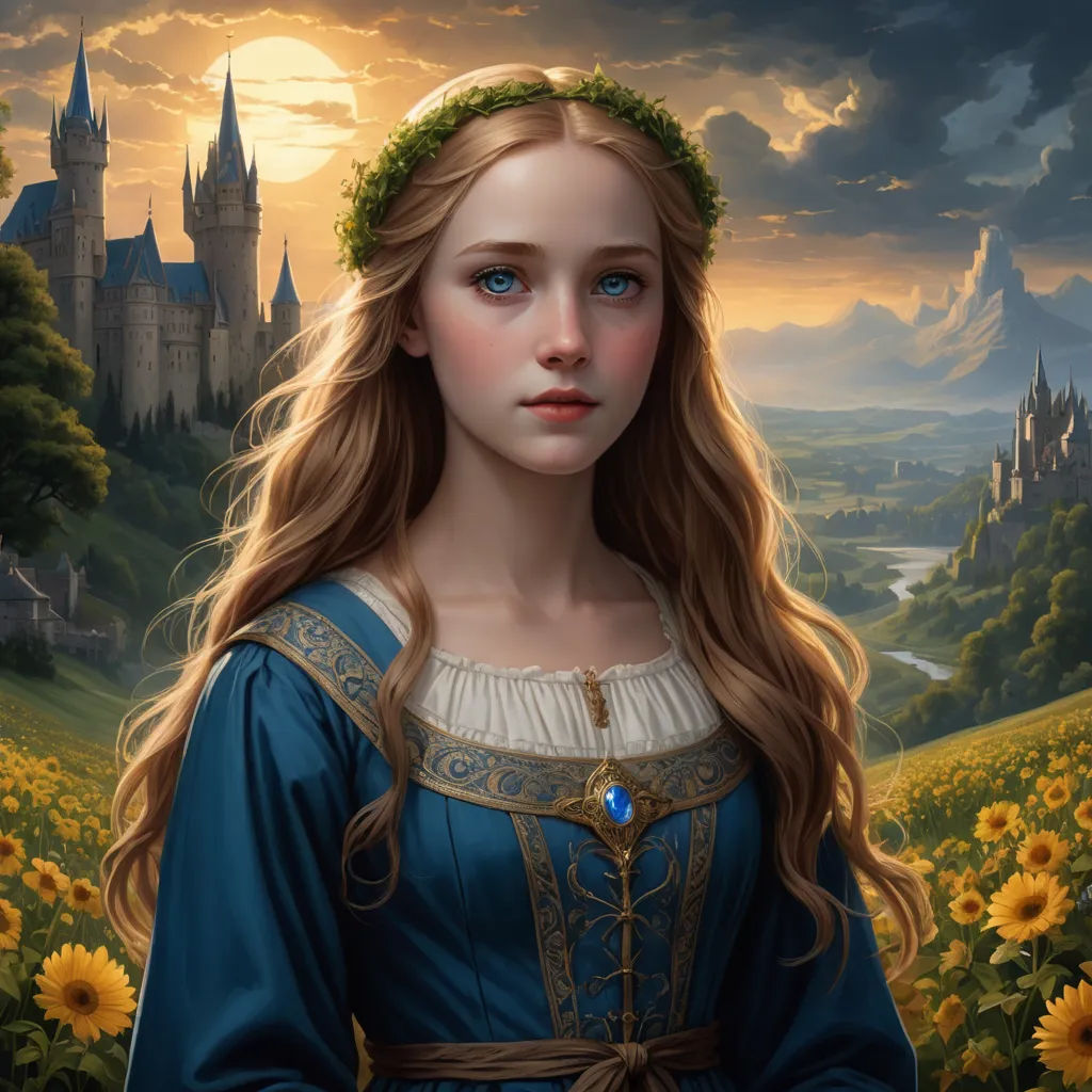 a painting of a girl in a blue dress in a field of sunflowers with a castle in the background, fantasy art, a detailed painting, Anne Stokes, trending on art station