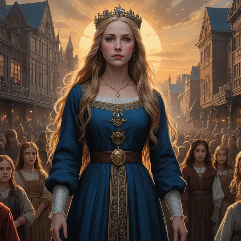 a painting of a woman in a blue dress surrounded by other people in a city at sunset with a full moon, fantasy art, a detailed painting, Donato Giancola, trending on art station