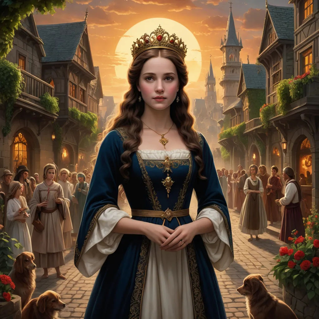 a painting of a woman in a blue dress standing in front of a castle with a dog on the sidewalk, fantasy art, a detailed painting, Anne Stokes, kinkade