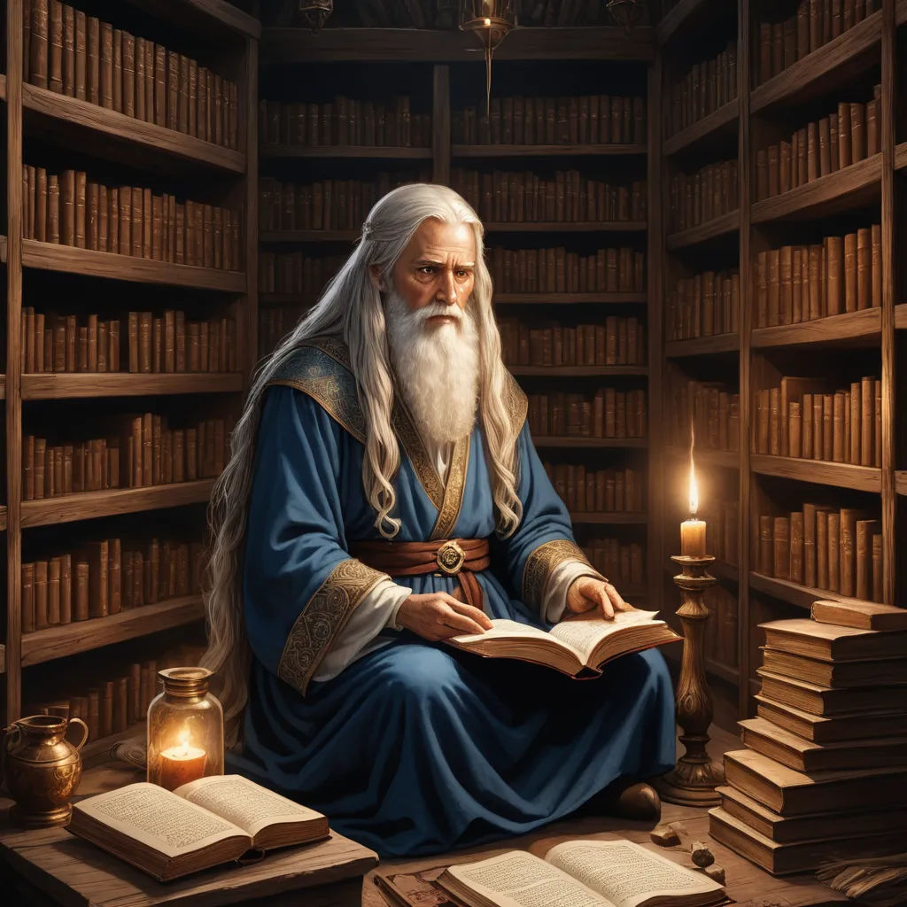 a man sitting in a library with a book and a candle in his hand and a book in his lap, fantasy art, a storybook illustration, Christophe Vacher, epic fantasy character art