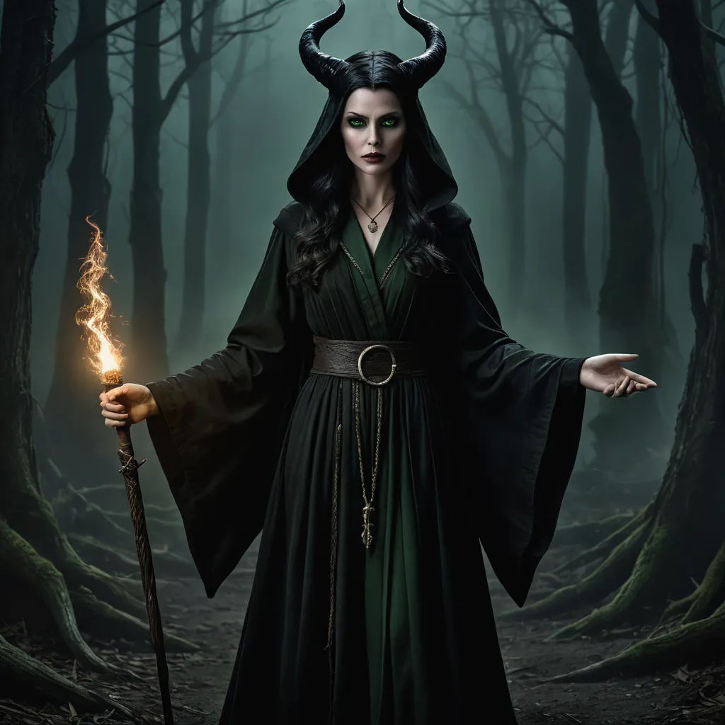 a woman dressed in a green dress holding a staff and a flame in her hand in a dark forest, gothic art, a poster, Dirk Crabeth, promotional image