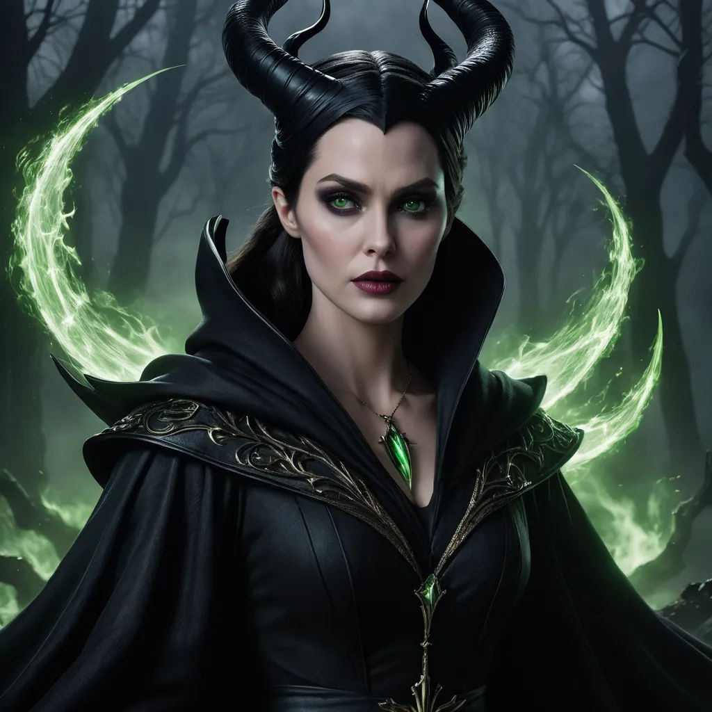a woman with horns and a black dress in a forest with green eyes and horns on her head, and a green ring around her neck, gothic art, concept art, Anne Stokes, promotional image
