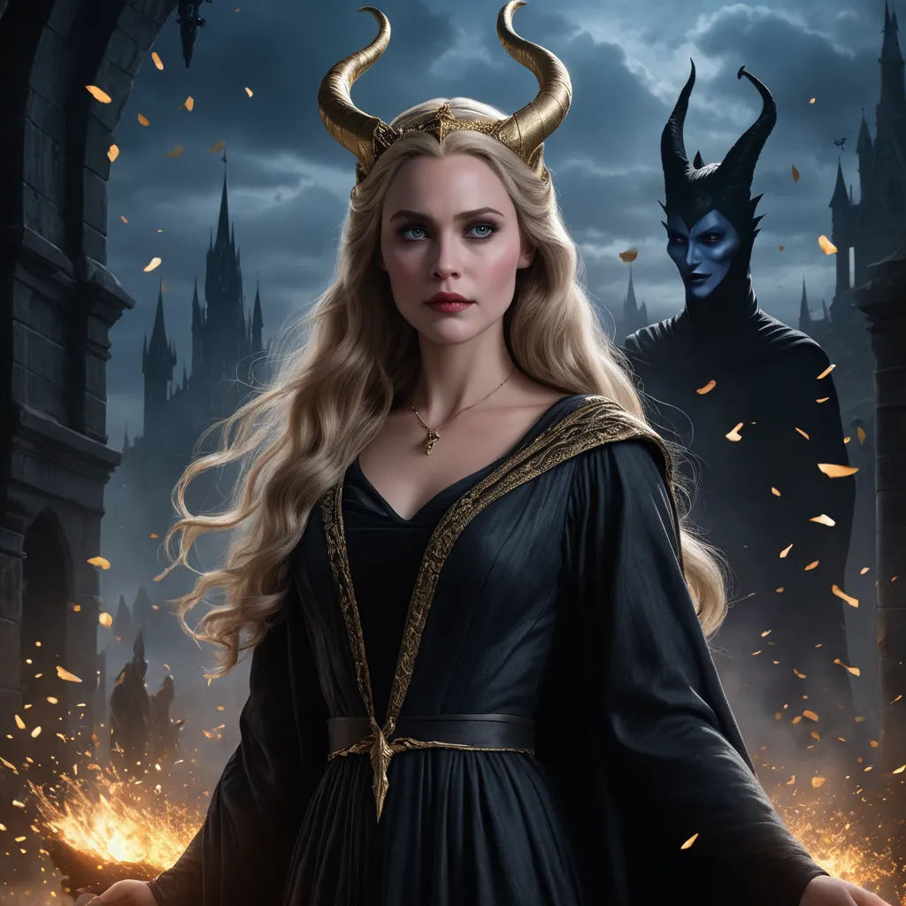 a woman in a black dress with horns on her head and a demon on her head, standing in front of a castle, fantasy art, a poster, Anne Stokes, key art