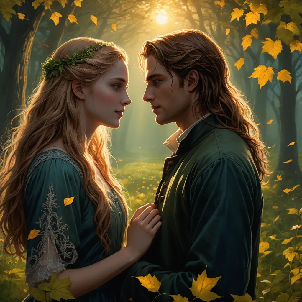 a painting of a couple in a forest with leaves on the ground and a sun shining through the trees, fantasy art, a detailed painting, Charlie Bowater, official art