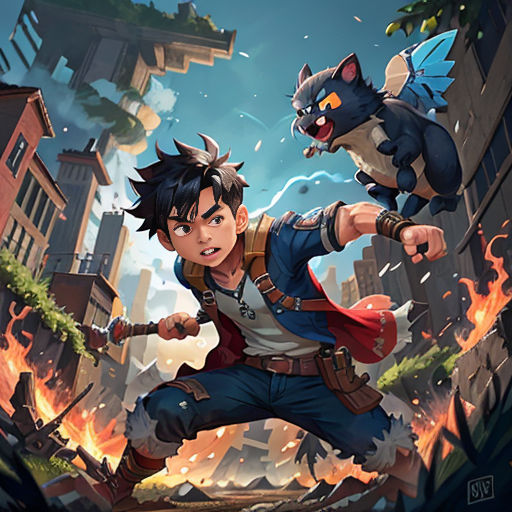 a cartoon character with a cat on his back and a demon on his back, in front of a city