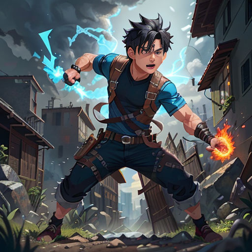 a man with a sword in his hand and a building in the background with lightning coming out of it