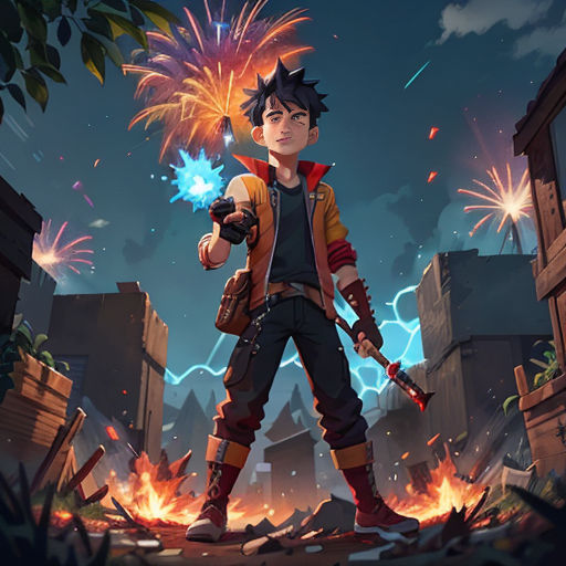 a boy holding a gun and fireworks in his hand in a cartoon style, with a city background and buildings