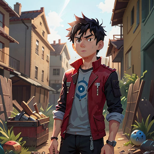a boy standing in a alley with a backpack on his shoulder and a backpack on his shoulder, in front of a building