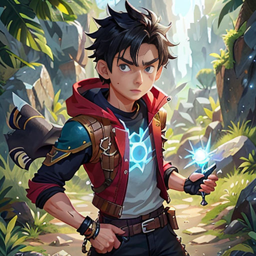 a man in a red jacket holding a sword in a forest with trees and rocks behind him, with a blue light shining in his hand