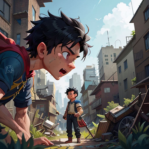 a man and a boy are in a city with buildings and debris on the ground, one of them is holding a shovel