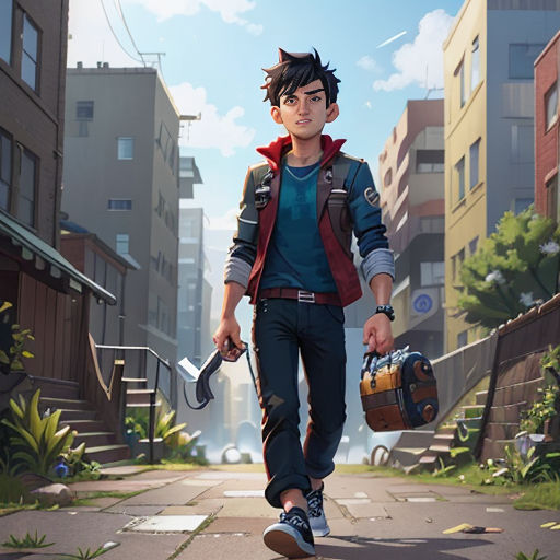 a man walking down a street holding a bag and a camera in his hand and a backpack on his shoulder
