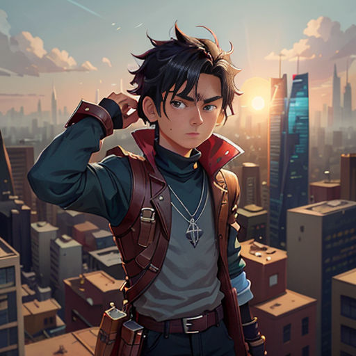 a man in a suit and a cityscape in the background with a sky background and a sun in the distance
