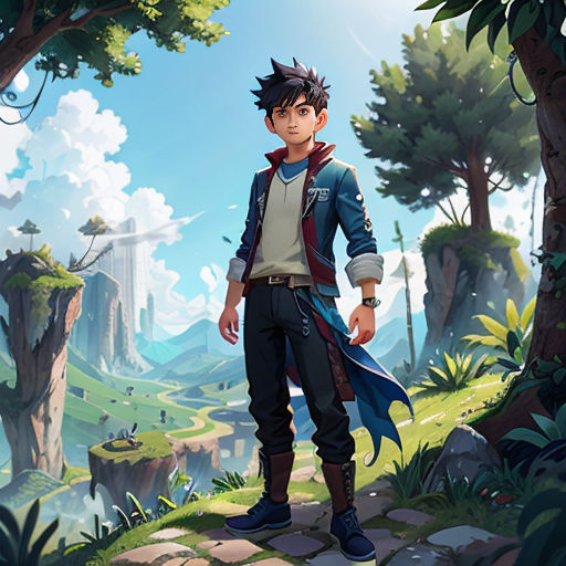 a boy standing in a forest with a sword in his hand and a forest in the background with trees