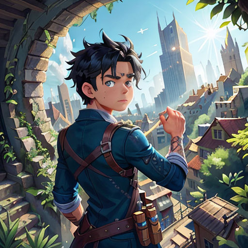 a boy in a blue suit standing in front of a cityscape with a bird flying above him