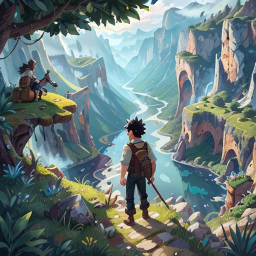 a man standing on a cliff looking at a river and mountains in the distance with a backpack on his back