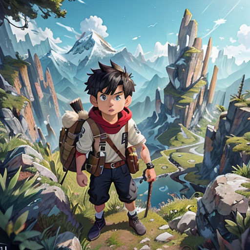 a boy with a backpack and a backpack walking through a forest with mountains in the background and a river running through the foreground