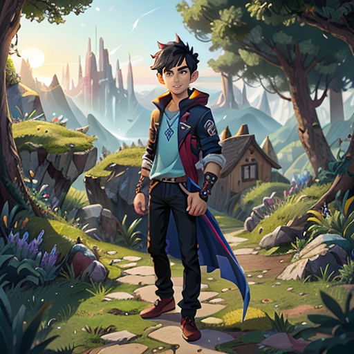 a boy standing in the middle of a forest with a sword in his hand and a house in the background