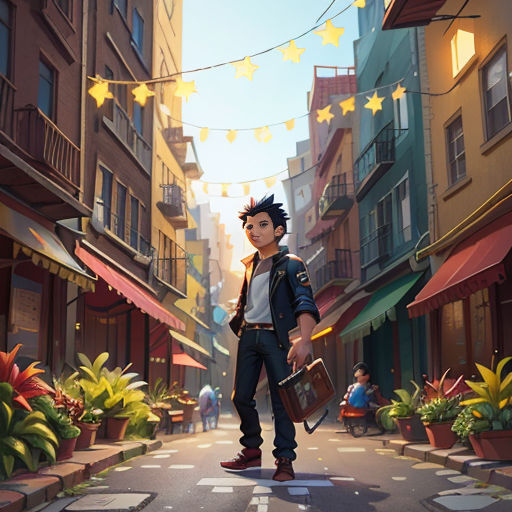 a man standing in the middle of a street with a suitcase in his hand and a star garland hanging above him