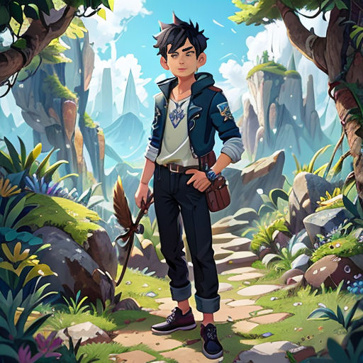 a boy in a blue jacket standing in a forest with a stick in his hand and a bag in his hand
