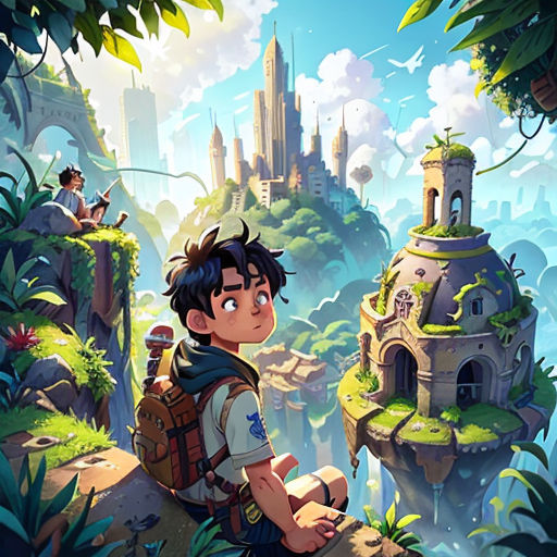a boy sitting on a cliff looking at a castle in the distance with a bird flying over it and a castle in the background