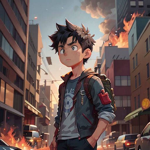 a boy standing in the middle of a city street with a backpack on his back and a fire in the background
