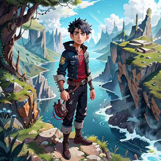 a boy standing on a cliff with a river in the background and mountains in the background, with a river running through the cliff