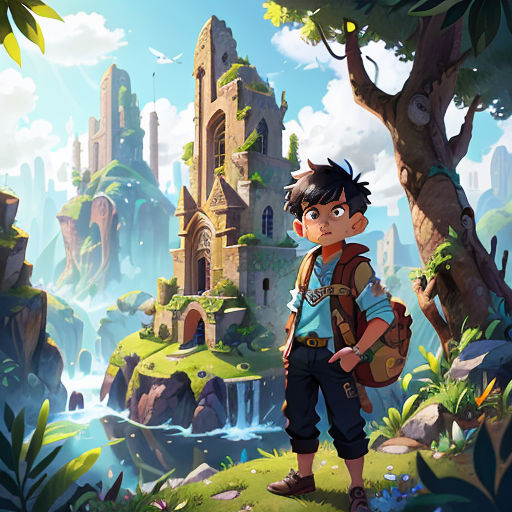 a boy standing in front of a castle in a forest with a waterfall and a waterfall behind him, with a backpack on his shoulder