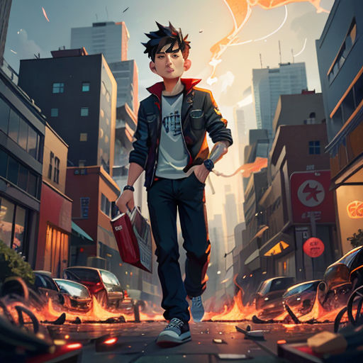 a boy walking down a street with a fire in the background and a cityscape in the background