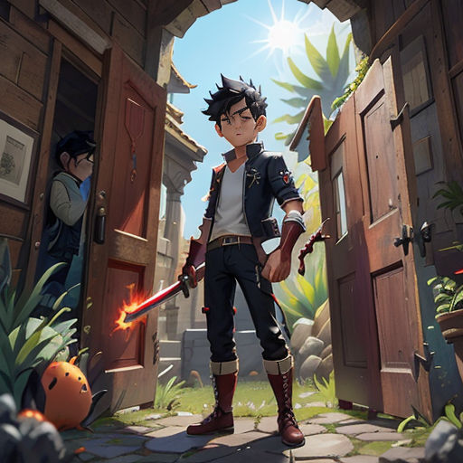 a man holding a sword standing in front of a doorway with a door open to another man in a suit