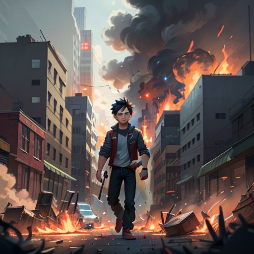 a man walking through a city with a gun in his hand and a lot of smoke coming out of the buildings