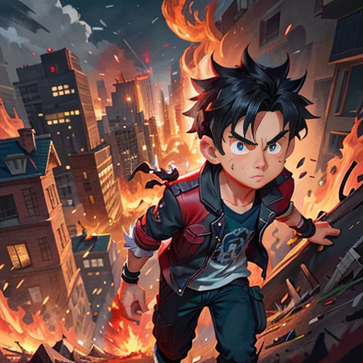 a boy in a red jacket is running through a city with flames in the background and a fireball in the air