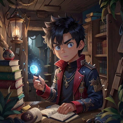 a boy in a room with books and a light in his hand, holding a book and looking at it