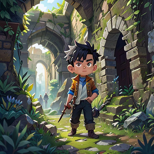 a boy standing in a cave with a sword in his hand and a cave in the background with a cave door