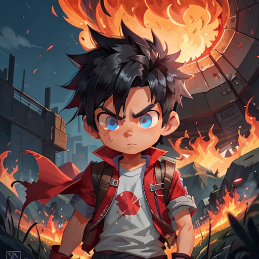 a boy with a red jacket and a red jacket on standing in front of a fire filled building with flames